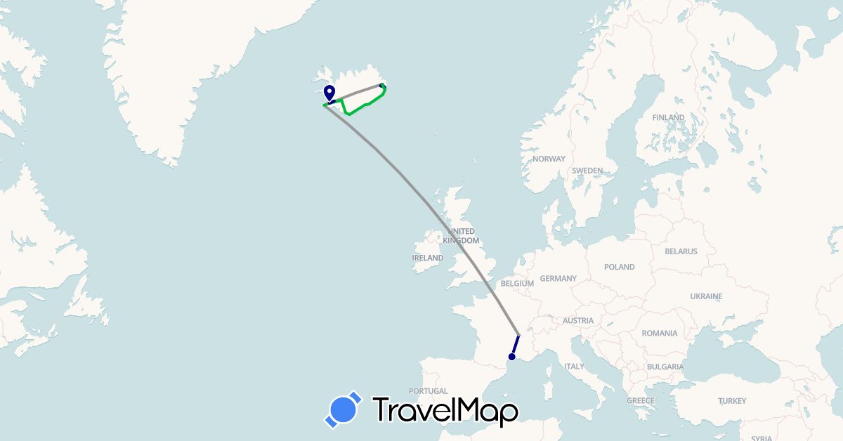 TravelMap itinerary: driving, bus, plane, hiking in France, Iceland (Europe)